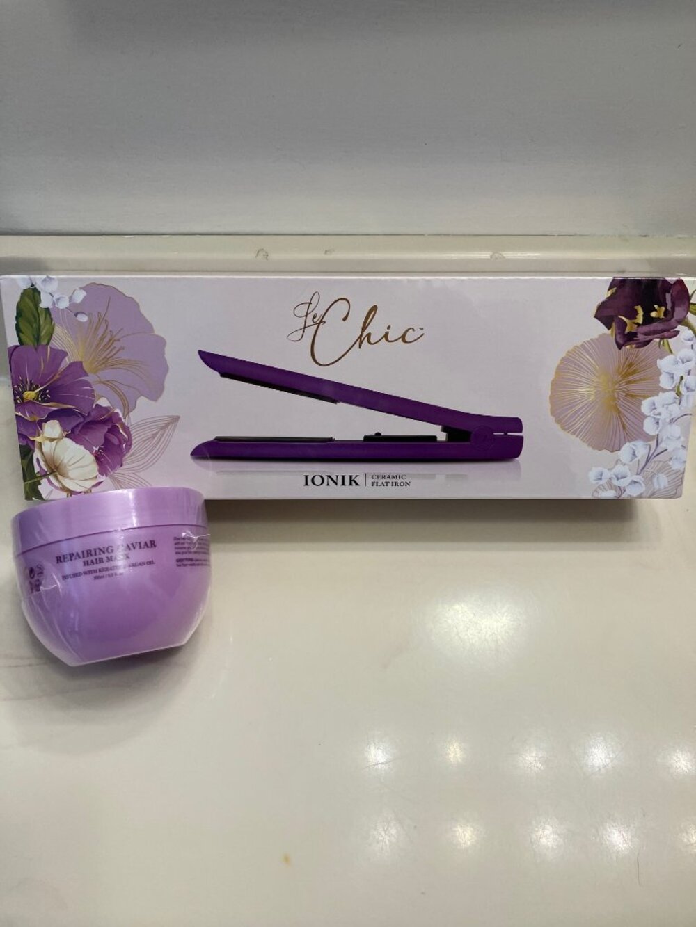 Le Chic Flat Iron Ionik Ceramic Flat Iron (Purple) & Repair Caviar Hair Mask